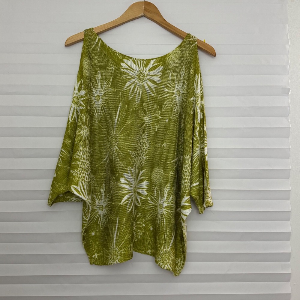 Luisa Ricci Italy Green Floral Cold Shoulder Knit Top Dolman Sleeve L Boho